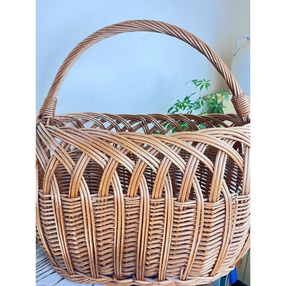 Vintage Polish Willow Wicker Woven High Arch Gathering Basket 20” x 16” Country